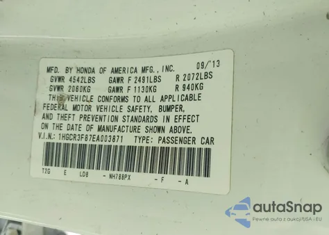 2014 Honda Accord Ex-L V-6 z USA, uszkodzony, nr VIN 1HGCR3F87EA003871